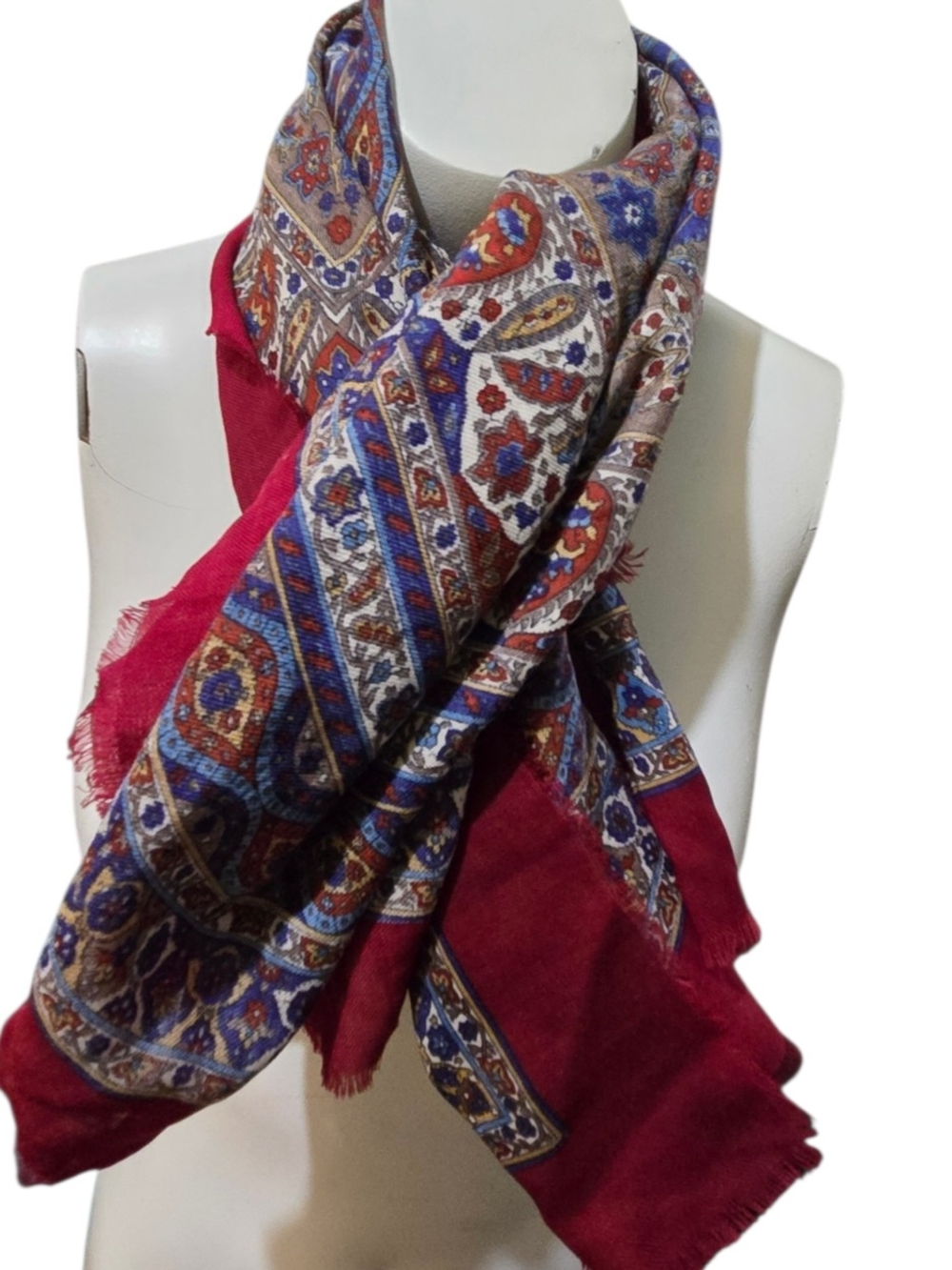 Specialty House 100% Wool Paisley Scarf Burgundy Blue Made in Japan 34" x 34"